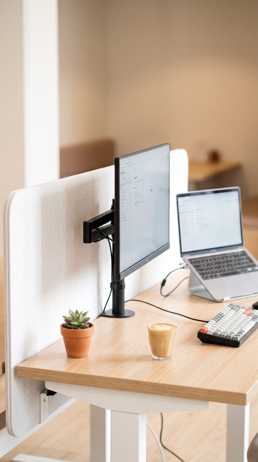 A desk setup: single monitor on an arm, laptop, coffee, white divider