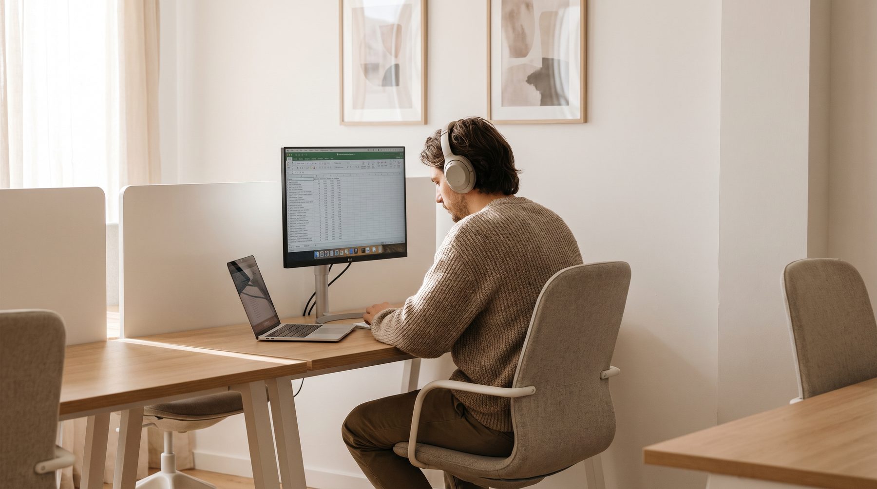 Working at a divider desk with a single monitor and laptop in a bright studio